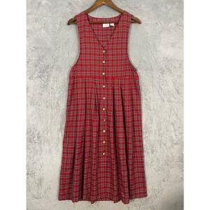 Laura Gayle Dress 10P Red Plaid Gold Button Front Jumper Pinafore Pleated Pocket